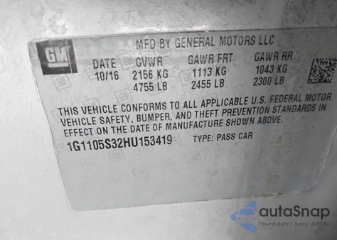 2017 Chevrolet Impala 1Lt from USA, damaged, VIN 1G1105S32HU153419